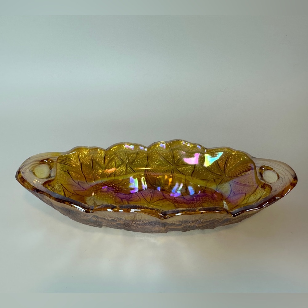 Vintage Indiana Carnival Glass Sunflower 🌻 Oval Dish Marigold Amber Candy‎ Bowl